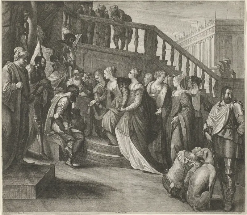 Esther voor Ahasveros etching by Wenceslaus Hollar depicting Esther in a gown with light and shadow