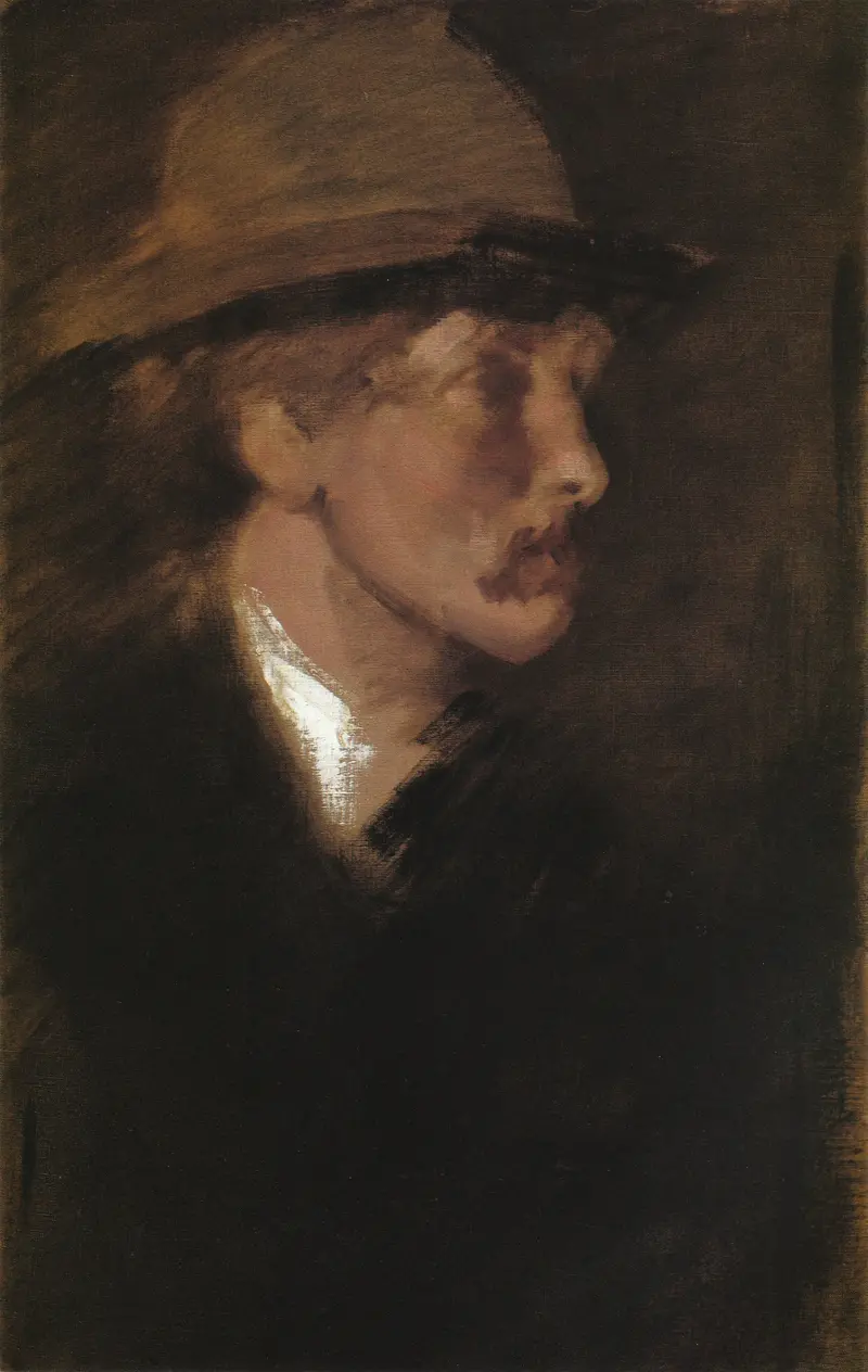 A head study with a glint of light on a white collar, capturing a fleeting presence in shadow.
