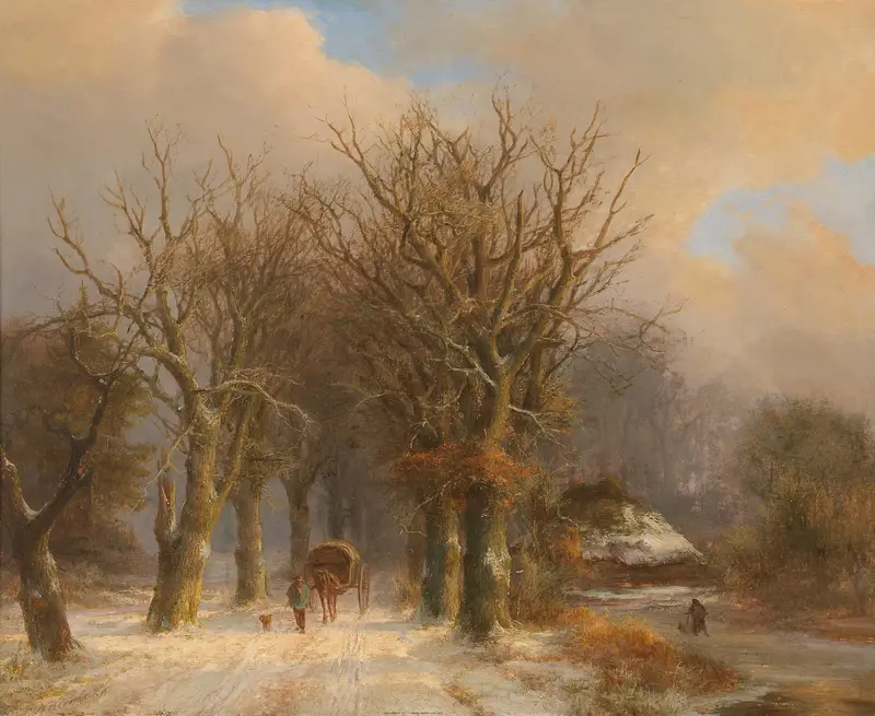 Winter landscape with a horse and cart by Johann Bernhard Klombeck, oil painting