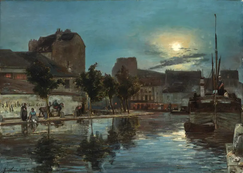 Canal Saint-Martin by Johan Barthold Jongkind, oil on canvas depicting a tranquil canal scene.