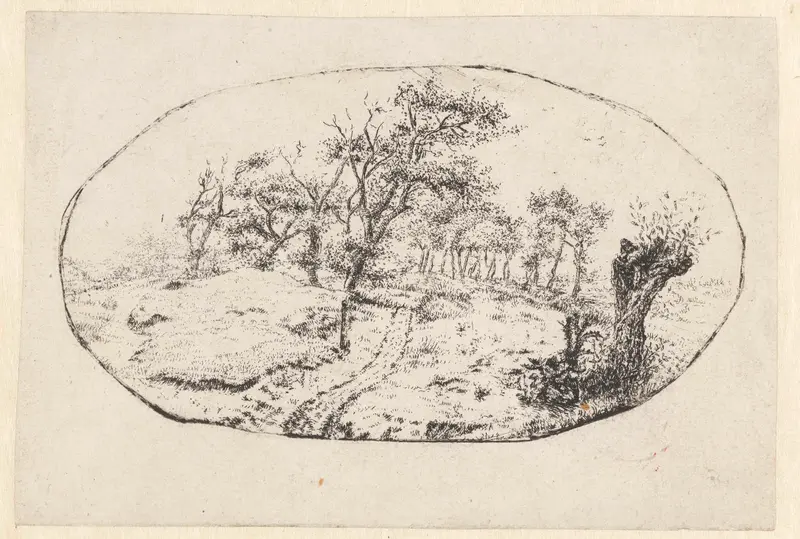 Landscape in Oval by Claes van Beresteyn, etching depicting lush hills and greenery.