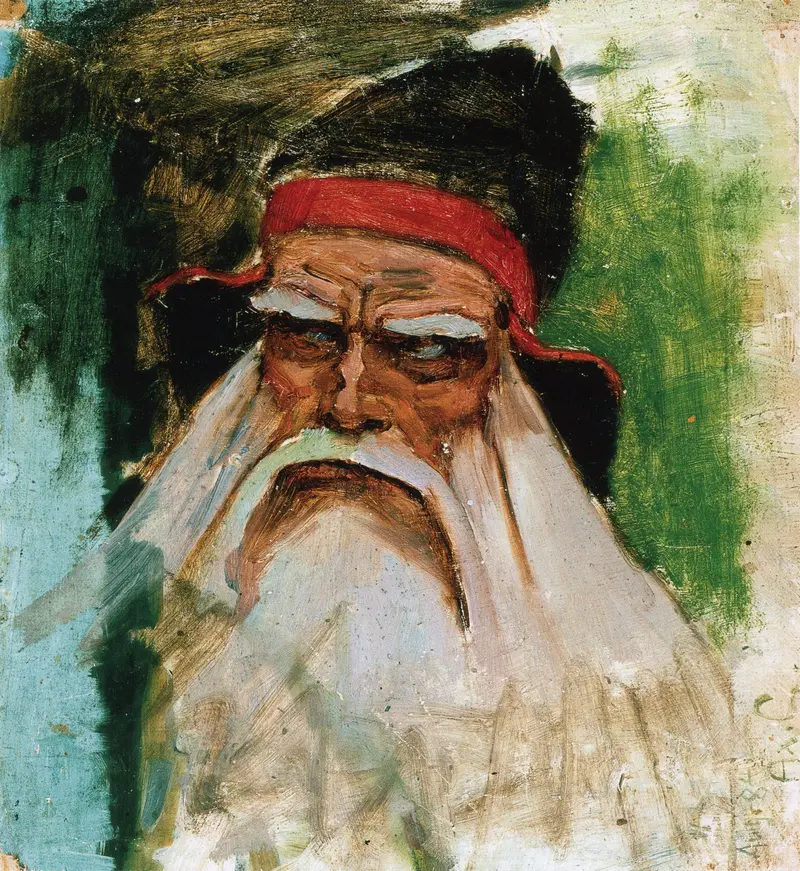 A mythological figure with a furrowed brow and white beard, set against a swirling background of green and blue.