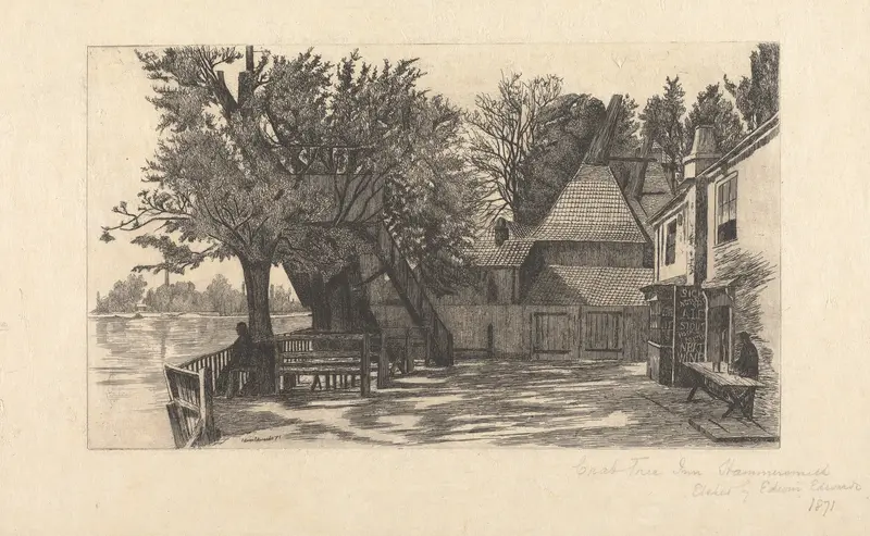 Crab Tree Inn, Hammersmith by Edwin Edwards, oil on canvas, depicting a serene landscape at twilight.