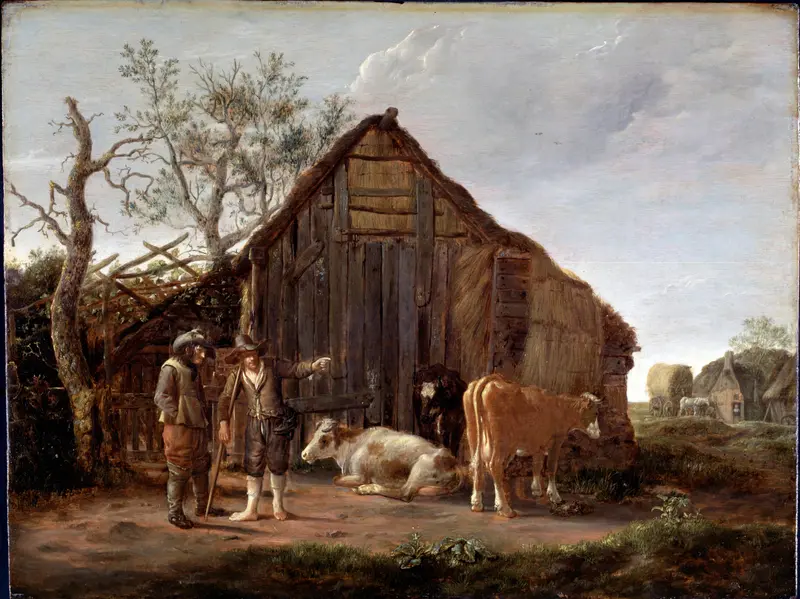Two peasants with cows in a rural landscape, oil on canvas by Govert Dircksz Camphuysen