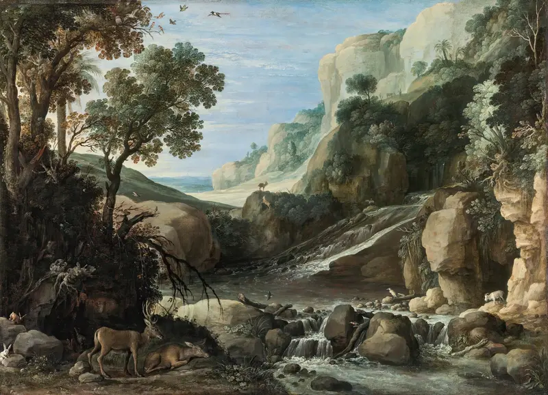 Mountainous landscape with a waterfall and wildlife by Paul Bril, oil painting