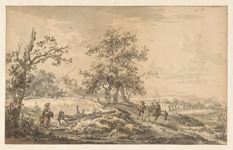 Vrouw met kind en man met ezel in landschap, oil on canvas by Egbert van Drielst
