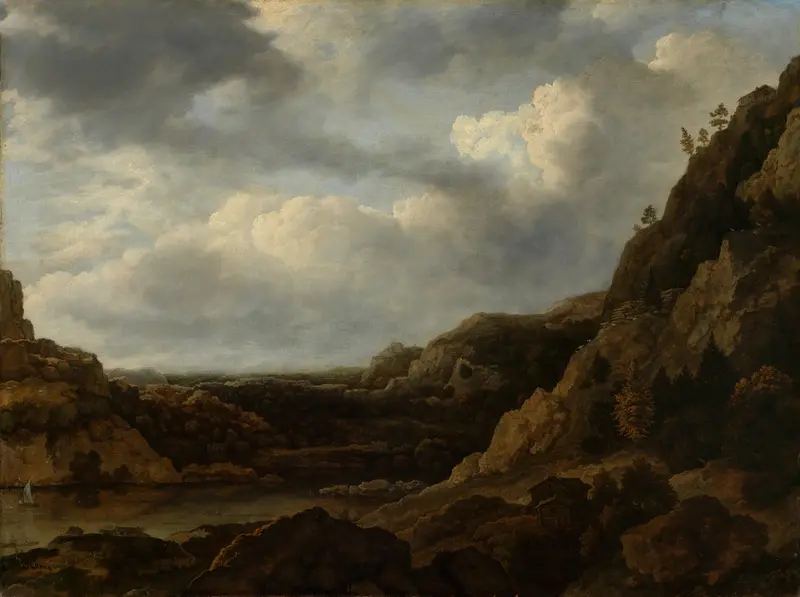 Norwegian fjord landscape by Allaert van Everdingen, oil painting featuring cliffs and water reflections.