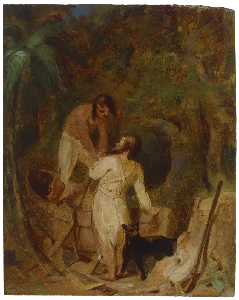 This painting depicts Robinson Crusoe and Friday building a boat.