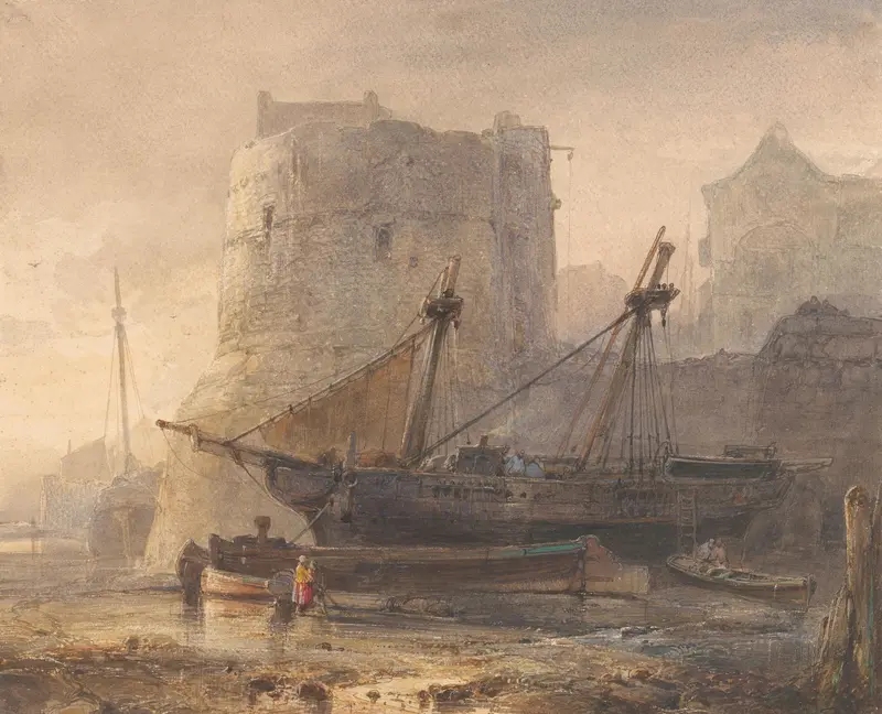 Marine scene with boats in shallow water by Wijnand Nuijen, oil painting