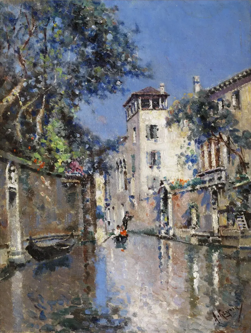 A serene Venetian canal scene with a gondola gliding through the water, reflecting light and colors from the surroundings.
