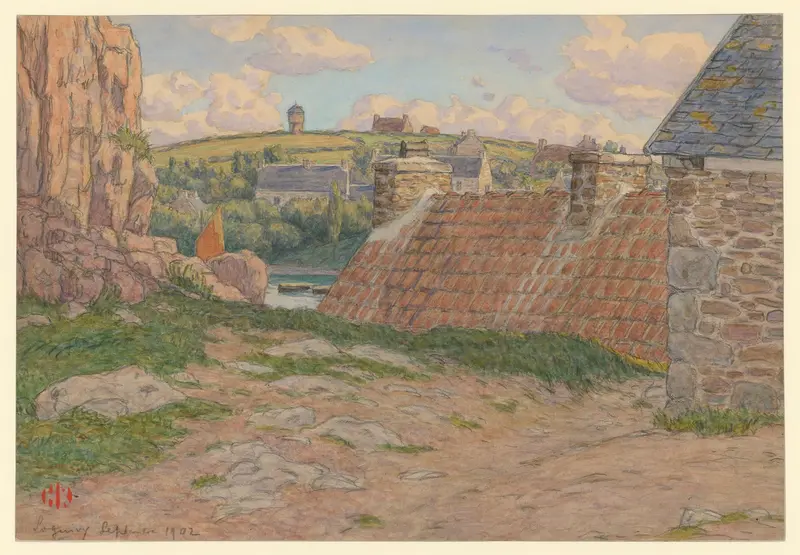 Post-Impressionism landscape by Henri Rivière, depicting quaint houses near a harbor.
