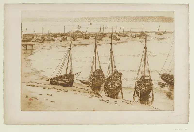 Henri Rivière's painting depicts boats at low tide in Camaret.