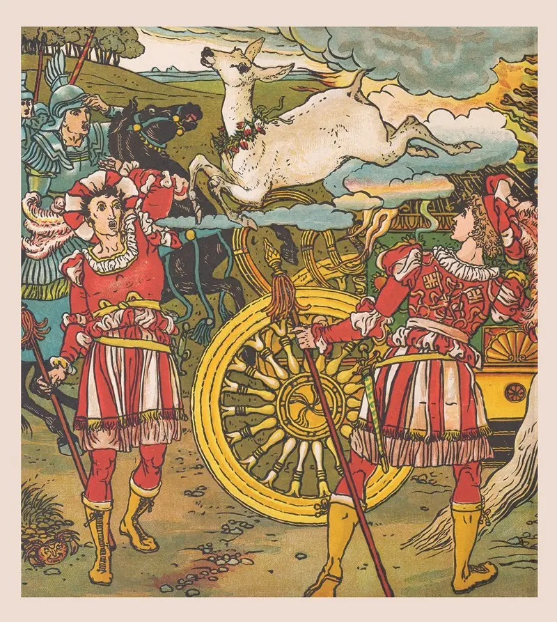 Walter Crane's 'Beauty and the Beast Pl. 14' depicts a whimsical scene from the classic fairy tale.