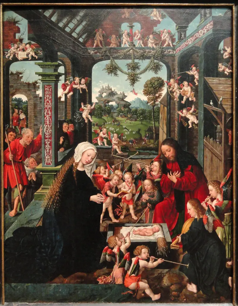 A Nativity scene showing the Christ Child in a stone crib surrounded by angels, Mary in blue kneeling on the left, Joseph in red on the right, with green marble columns and a ruined roof opening to a blue sky.