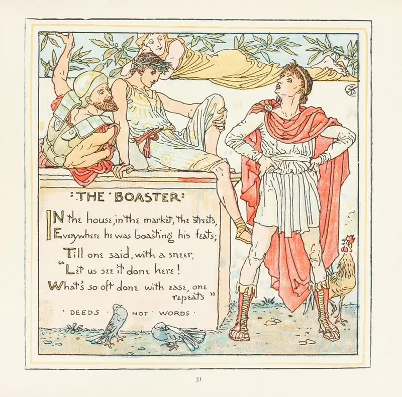 Walter Crane's 'The Boaster' presents a vibrant allegorical scene.