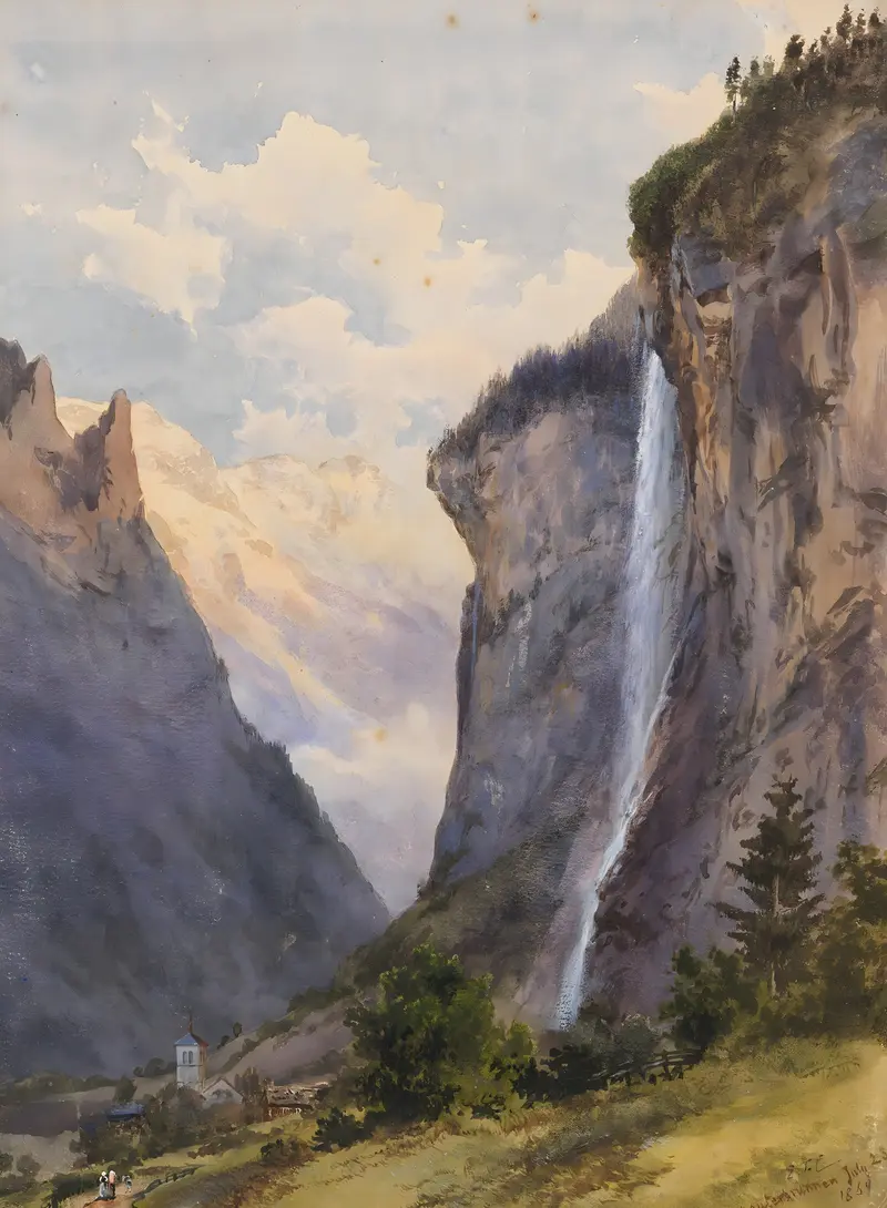Der Staubbachfall in Lauterbrunnen by Edward Theodore Compton, oil painting depicting a waterfall and mountains.