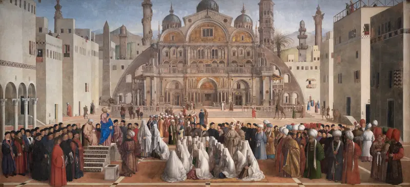 Saint Mark Preaching in Alexandria by Giovanni Bellini depicts the patron saint of Venice addressing a diverse crowd in an ancient setting.