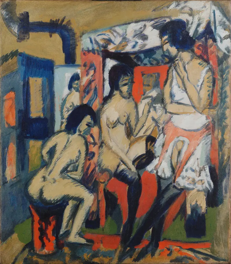 A vibrant studio scene featuring nudes with angular bodies and uncertain gazes, set against a patterned backdrop.