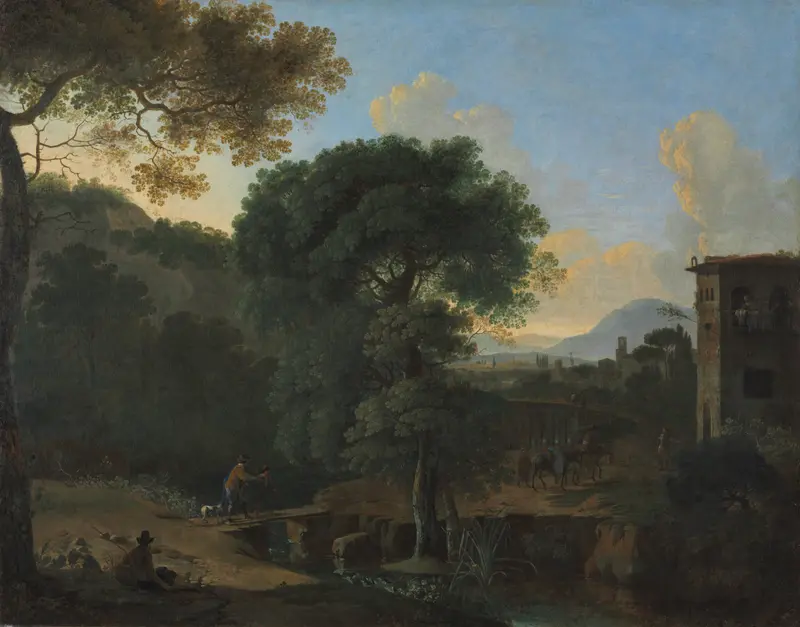 Landscape with Travelers by Herman van Swanevelt, oil on canvas depicting travelers in a serene landscape.
