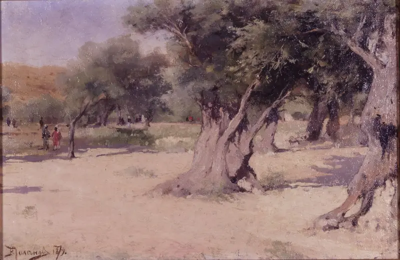 Olive Trees in the Holy Land by Vasily Dmitrievich Polenov, oil on canvas depicting gnarled trees and earthy tones.