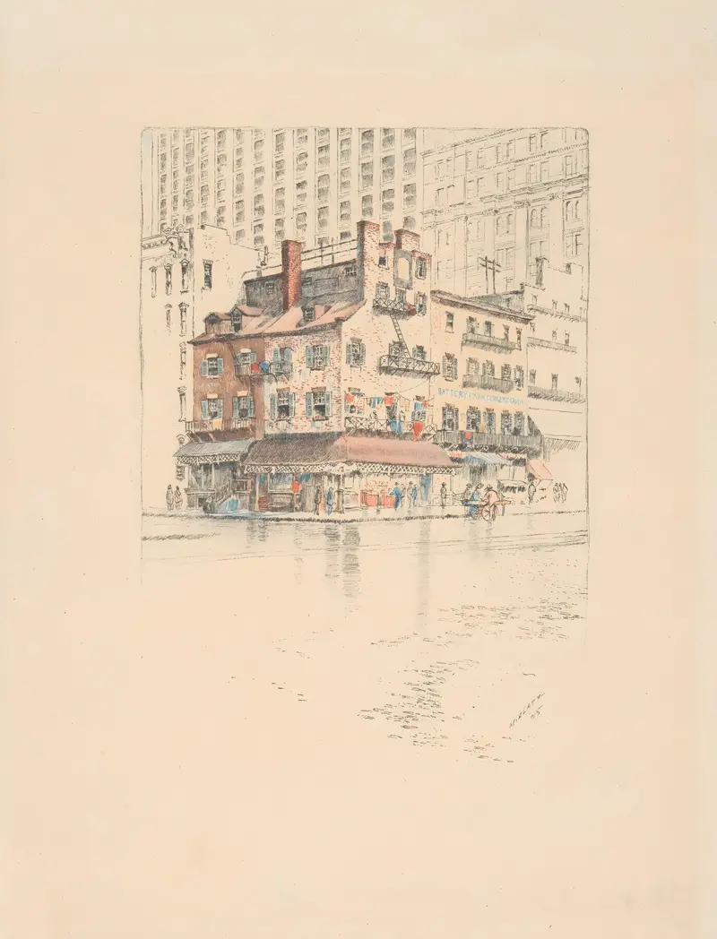 Old Houses on Battery Park, etching by Charles Frederick William Mielatz showing sunlight on historic brickwork