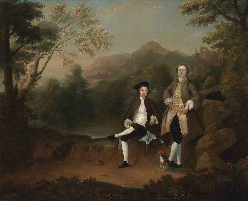 Two gentlemen in elegant coats and powdered wigs pose in a wooded landscape, with a small dog between them.