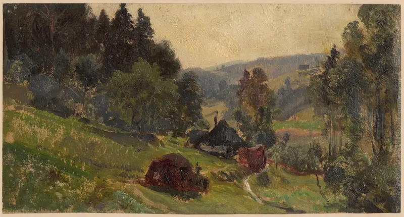 Mountain valley with a path leading to a farm, oil painting by Adolf Dressler