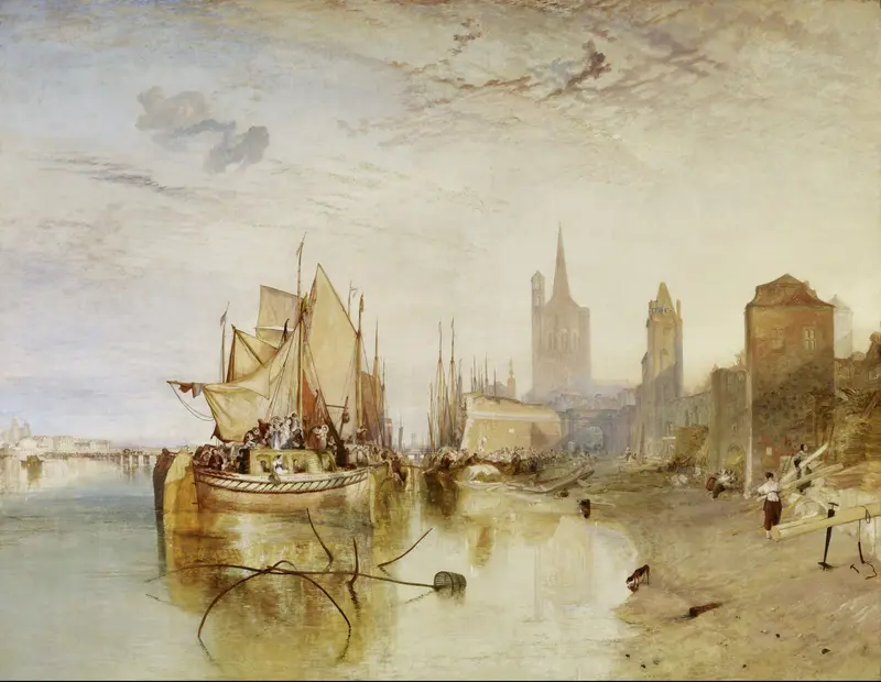 A packet-boat with passengers arrives at a riverside quay at evening, with groups of people, buildings, and a church spire in the background under a luminous sky.