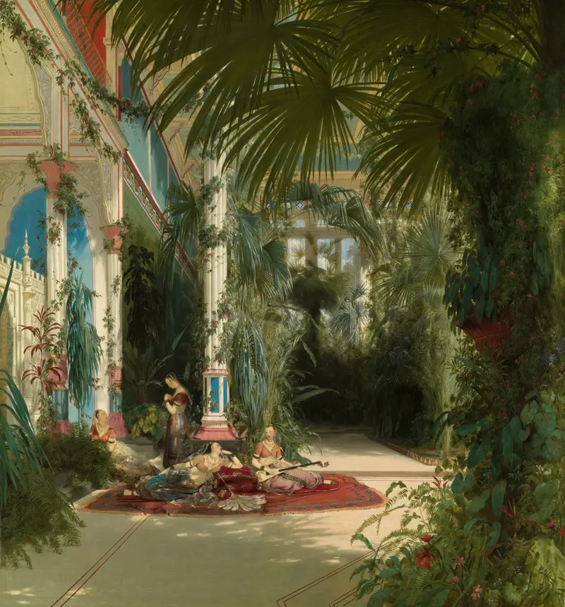 Interior of a palm house with sunlight filtering through glass, oil on canvas by Carl Blechen