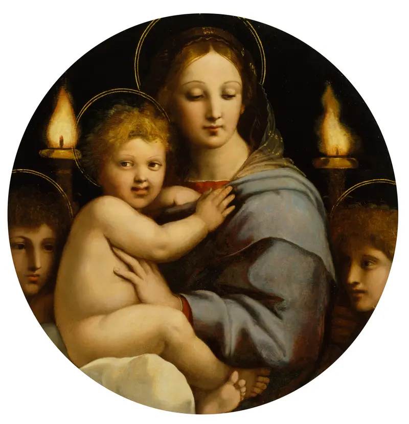 A young woman in blue and red holds a curly-haired child on her lap, flanked by two angels and tall candlesticks with bright flames against a dark background.