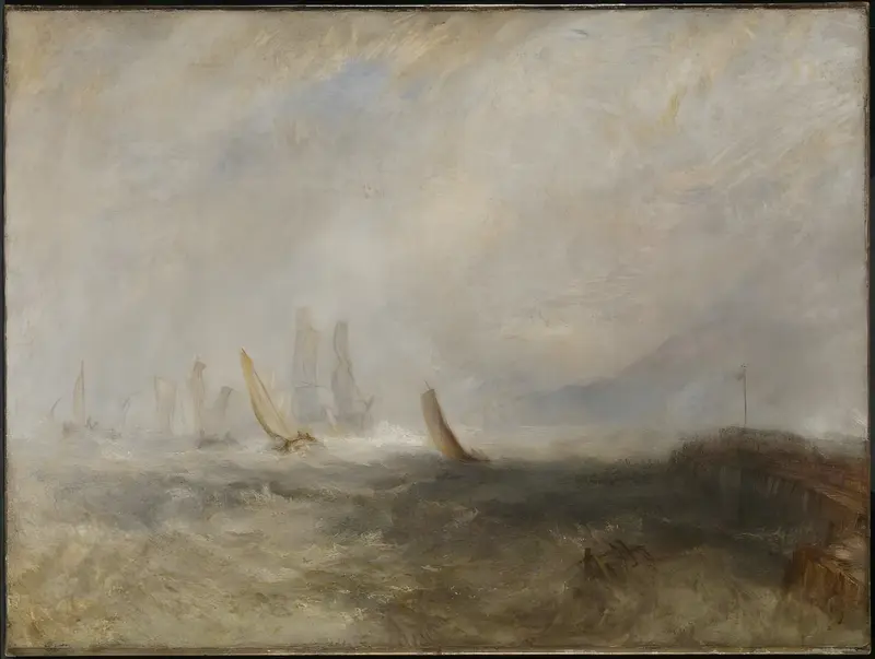 A cluster of fishing boats with angled sails struggles through churning waters beneath a vast, turbulent sky near a dark pier.