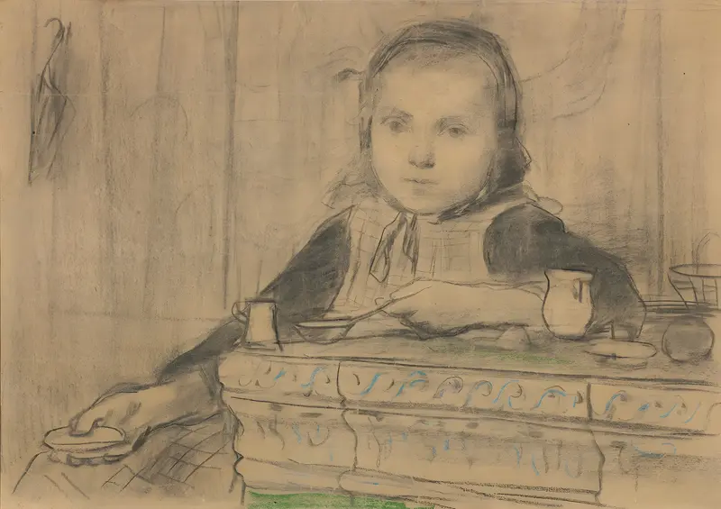 A young girl is depicted cooking at a stove in a cozy interior setting.