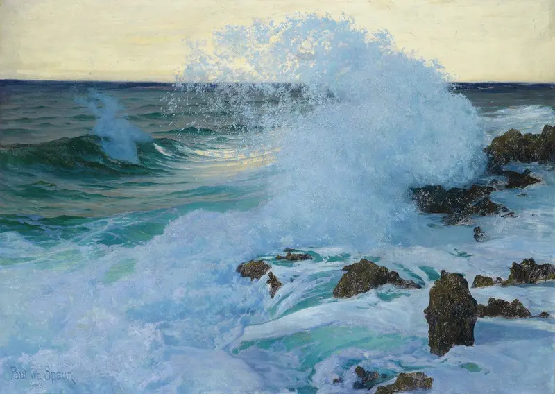 Oil painting of tumultuous ocean waves by Paul Von Spaun