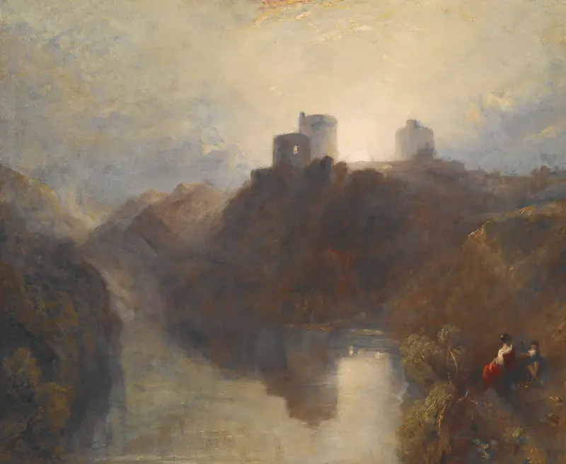 A serene depiction of Kilgarren Castle amidst a misty landscape.