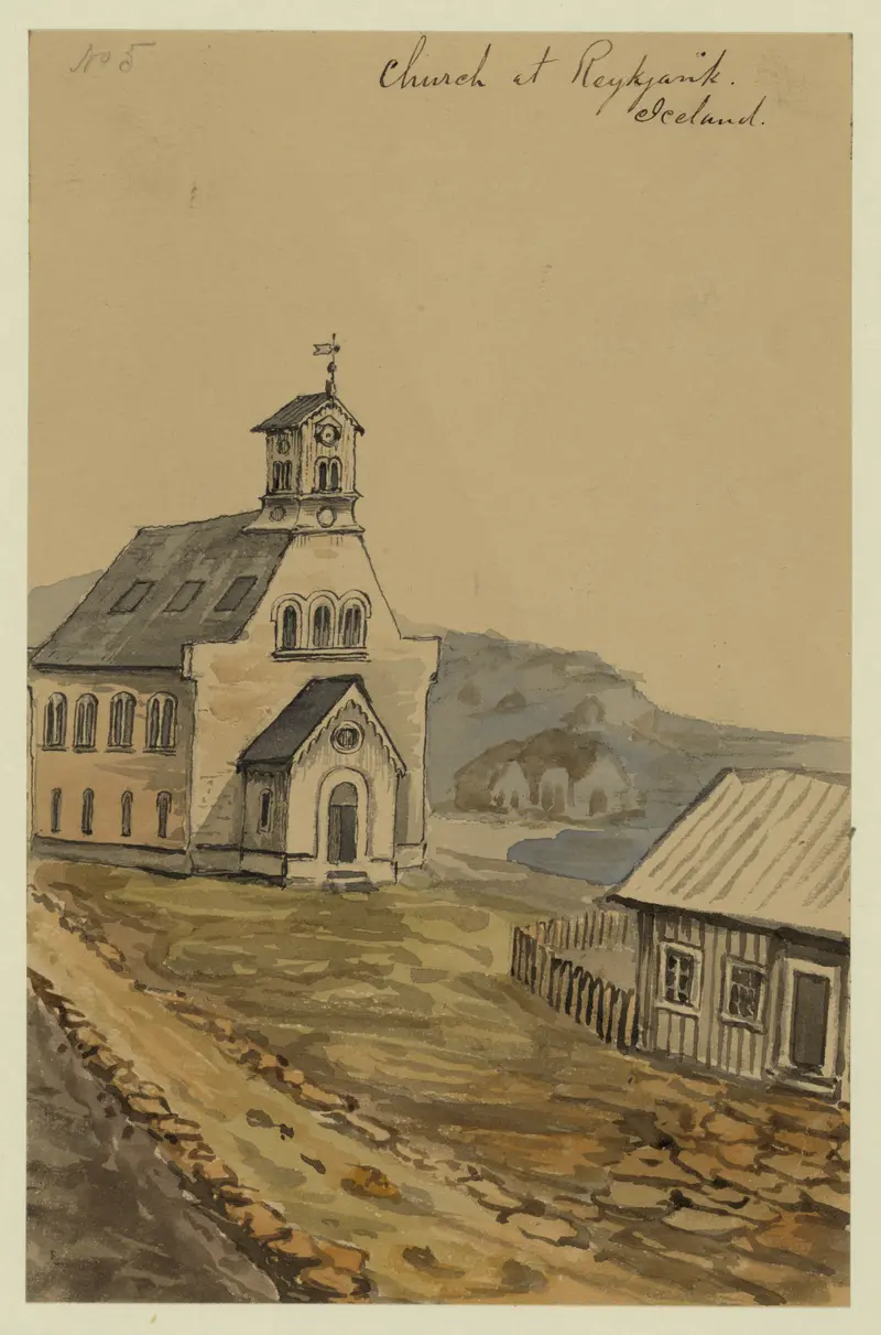 Church at Reykjavik, Iceland by Bayard Taylor, oil painting depicting a rustic church in a landscape.