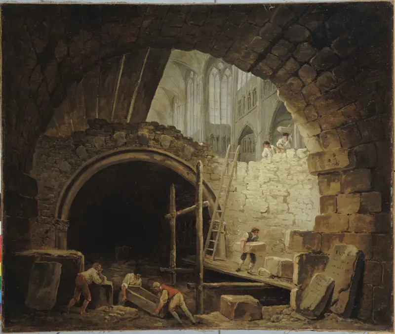 Historical scene of revolutionaries unearthing tombs, oil painting by Hubert Robert