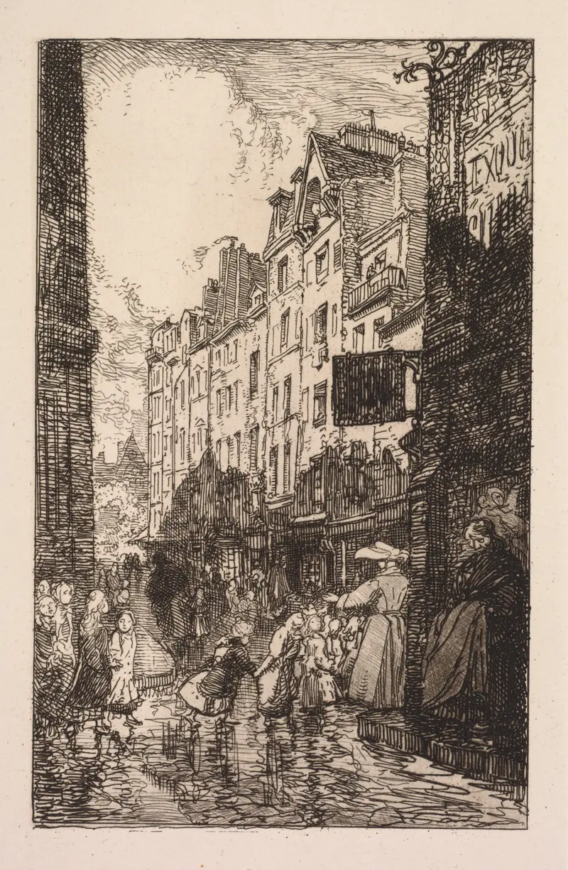 La Rue des Prêtres Saint-Séverin etching by Auguste Louis Lepère depicting a quiet street with shadows.