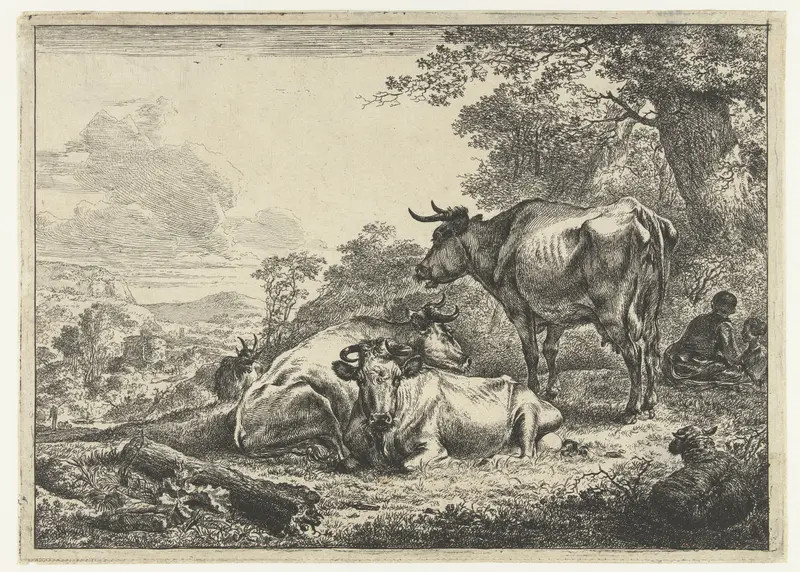 Drie rustende koeien etching by Nicolaes Pietersz Berchem depicting resting cows in a landscape.