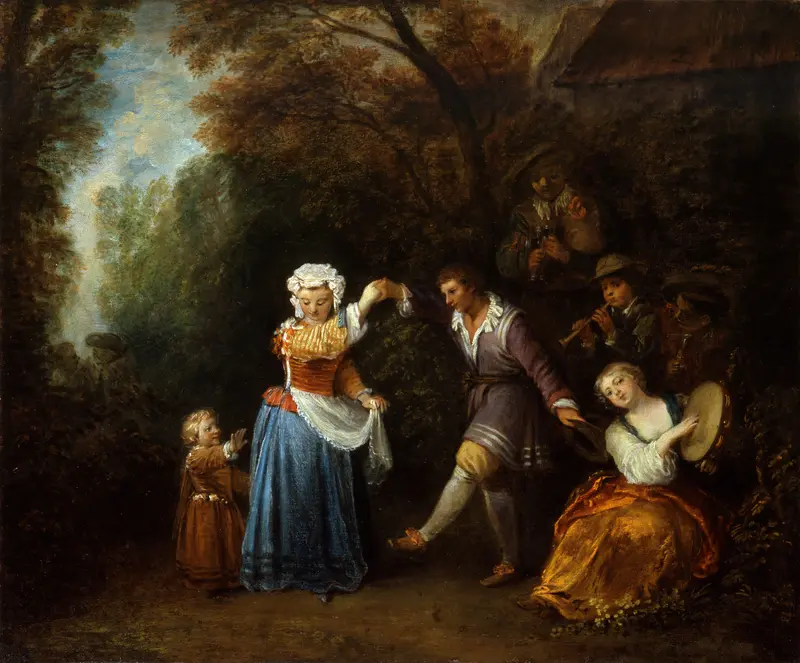 A lively depiction of a country dance scene by Jean-Antoine Watteau.