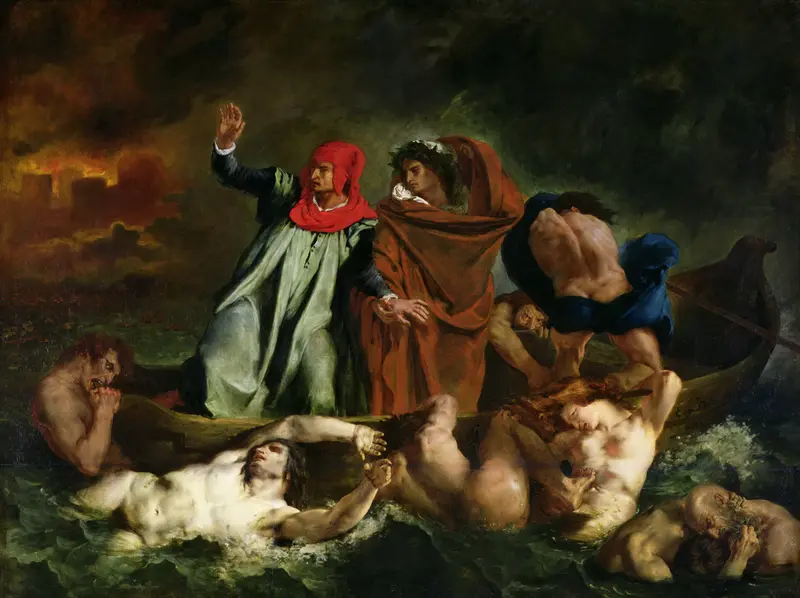 A small wooden boat crowded with figures crosses a churning green river surrounded by naked bodies writhing in the water beneath a stormy sky.