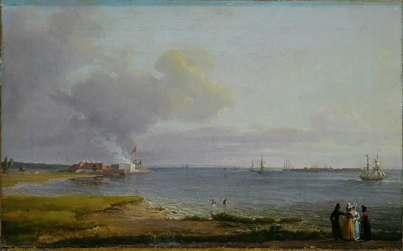 Landscape over Øresund with lime works, oil painting by Johan Christian Dahl
