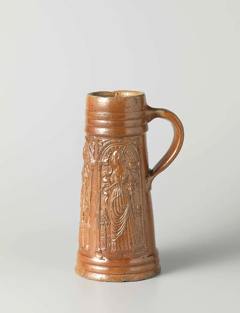 Cylindrical metal tankard with Judith, Esther, and Lucretia, unknown artist, 1566