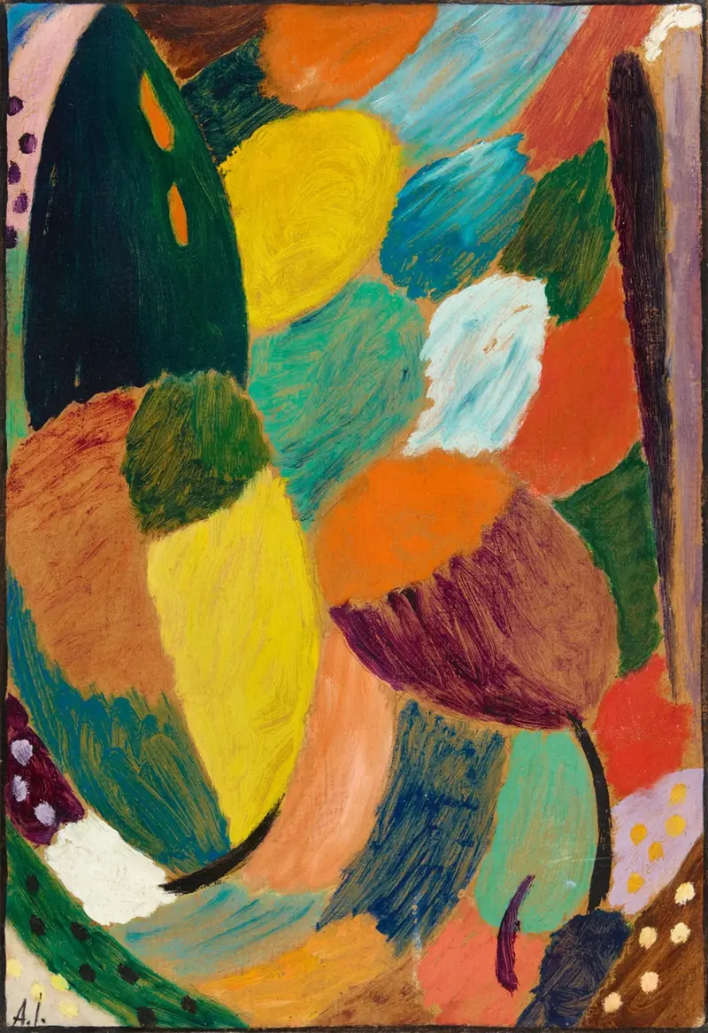 A vibrant abstract composition with energetic brushwork and a jubilant collision of colors like yellow, teal, orange, and plum.