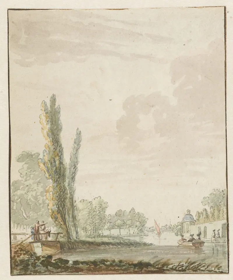 Riverside scene with a tea pavilion, oil painting by Pieter Bartholomeusz. Barbiers