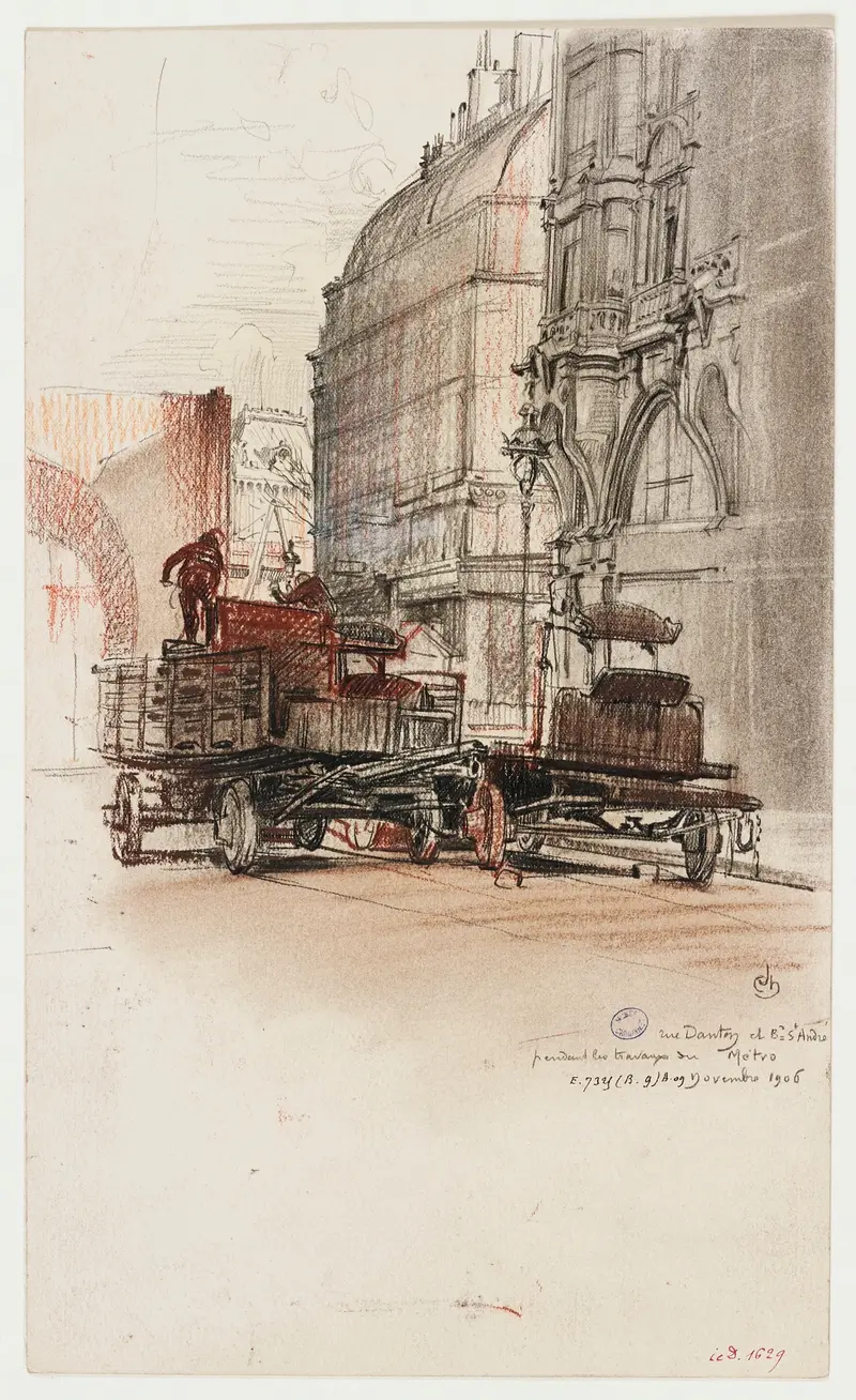 Genre scene of a construction site in watercolor by Charles Jouas