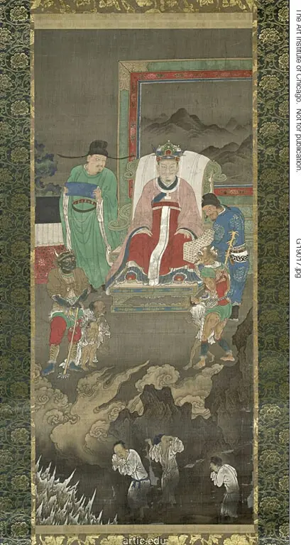 Gold artwork by Unknown Artist depicting a figure on a throne of skulls