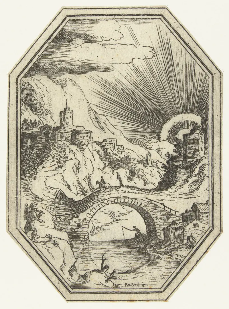 Landscape with a stone bridge, etching by Paul Bril