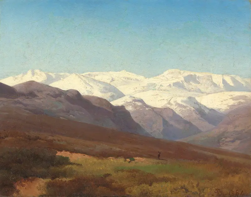 A solitary stag in a Highland valley with distant snowfields and vibrant mountain ridges.