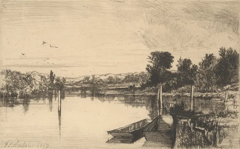 Egham by Francis Seymour Haden, a landscape etching depicting rolling hills and vibrant greenery.