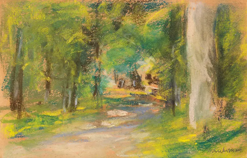 Weg im Wald by Max Liebermann, oil painting depicting a forest path with dappled sunlight.